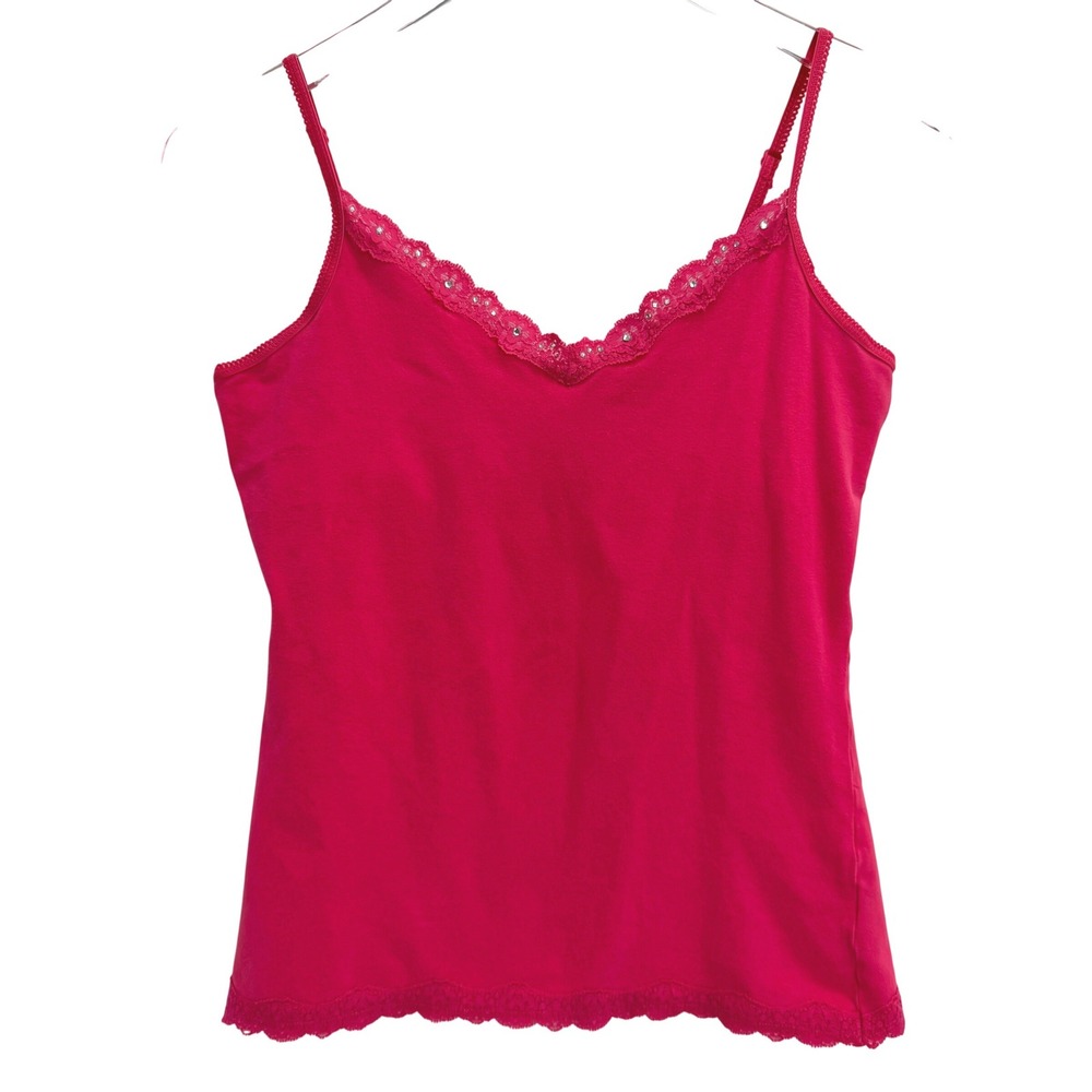 Y2K Energie Lace Trim Rhinestone Camisole Size L Girly Preppy Pink Built In Bra
